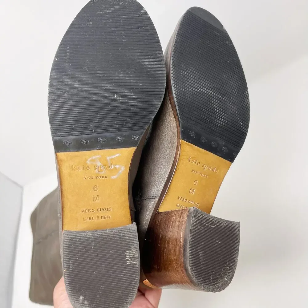 Kate Spade Size 6 Gray Leather Block Heeled Tall Boots Almond Toe Side Zipper